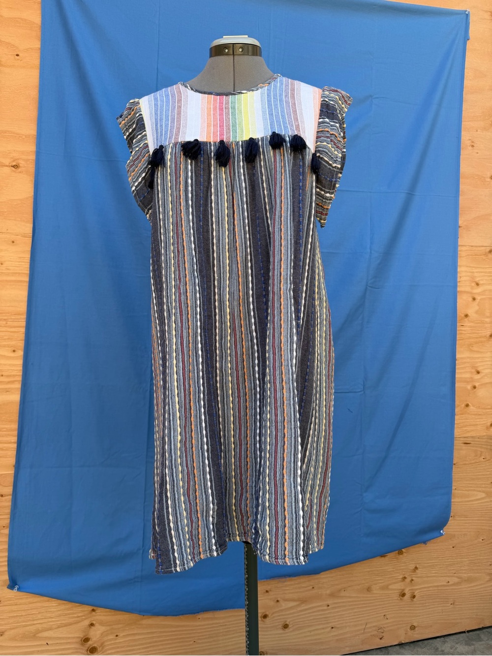 THML Navy Stripe Tassel Yoke Cotton Dress with Rainbow Accent